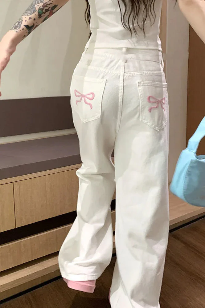Embroidered Pink Bow Wide Leg Jeans - Image 4