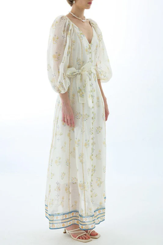 Embroidered Puff Sleeve Tie Boho Dress - Image 3