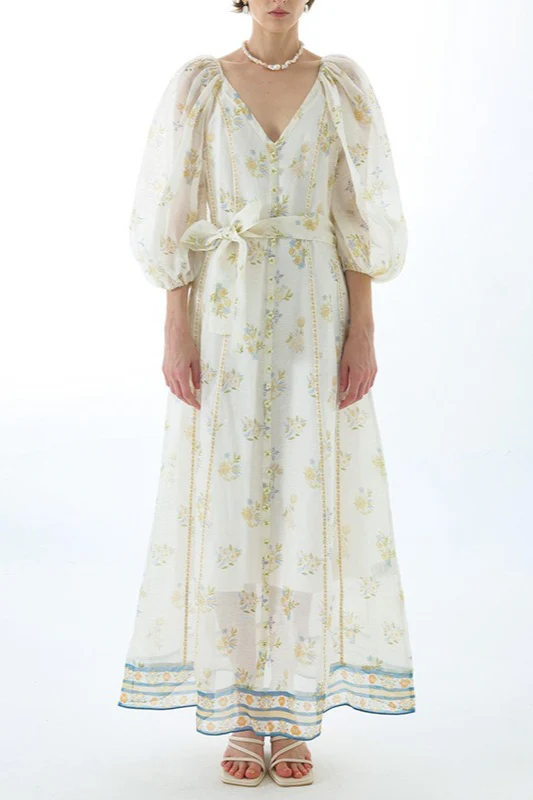 Embroidered Puff Sleeve Tie Boho Dress - Image 4