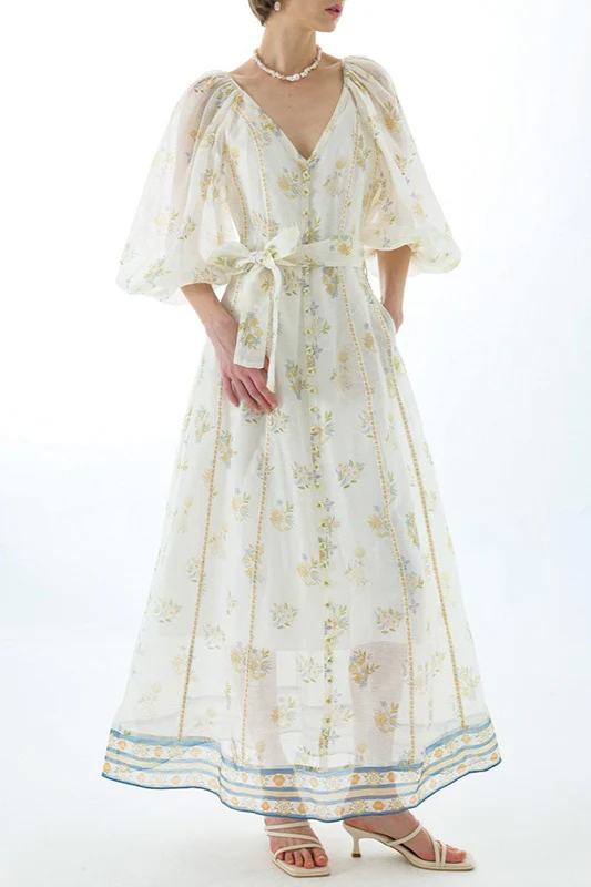 Embroidered Puff Sleeve Tie Boho Dress - Image 5