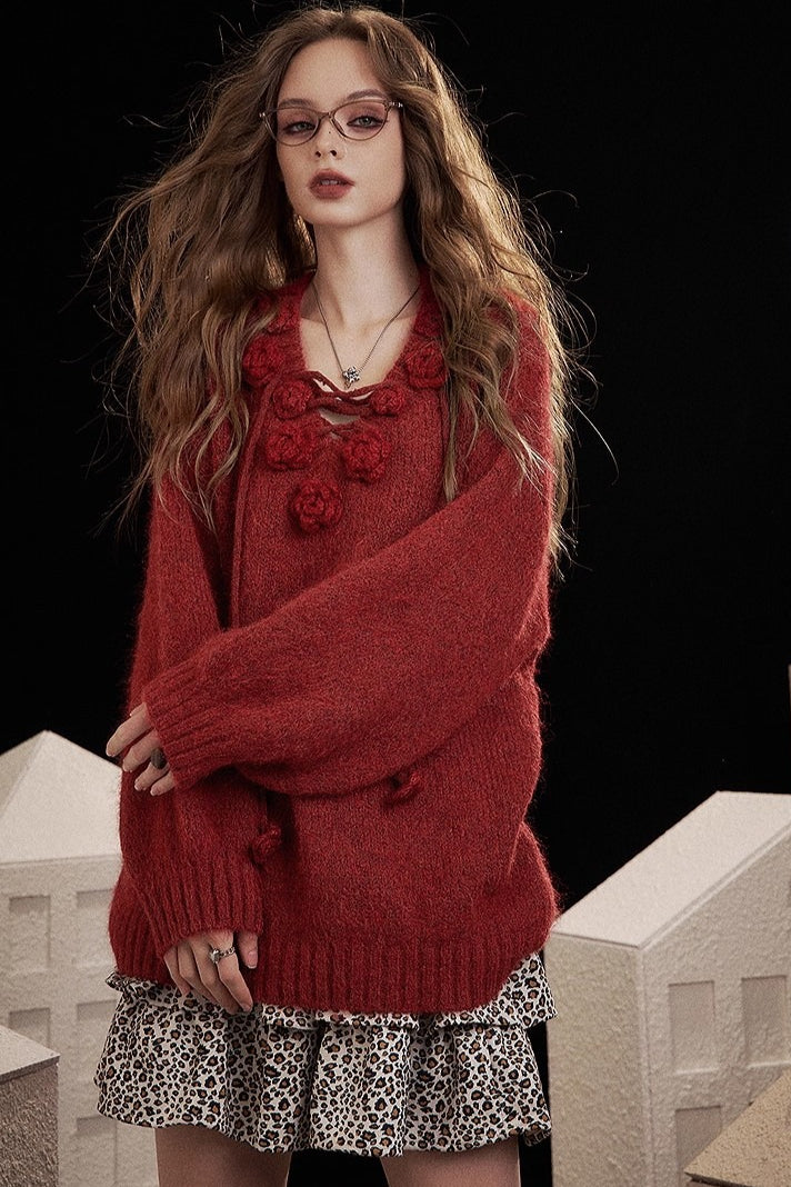 Embroidered Rose V Neck Knit Sweater - Image 6