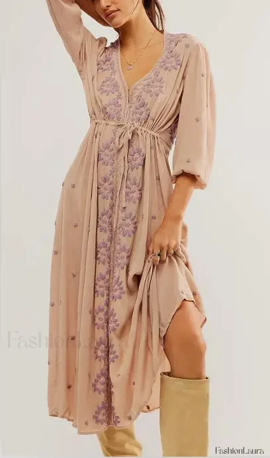 Embroidered Tie-Waist Boho Dress - Image 28