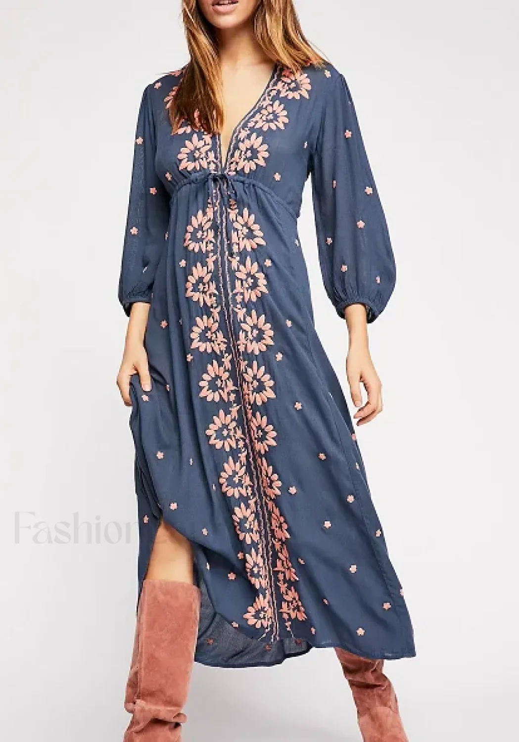 Embroidered Tie-Waist Boho Dress - Image 7