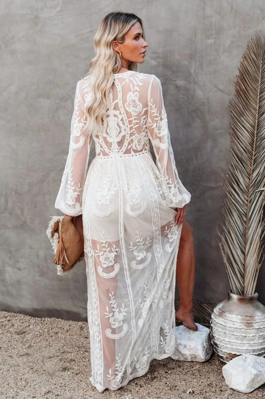 Embroidery V Neck Lace Maxi Boho Dress - Image 5