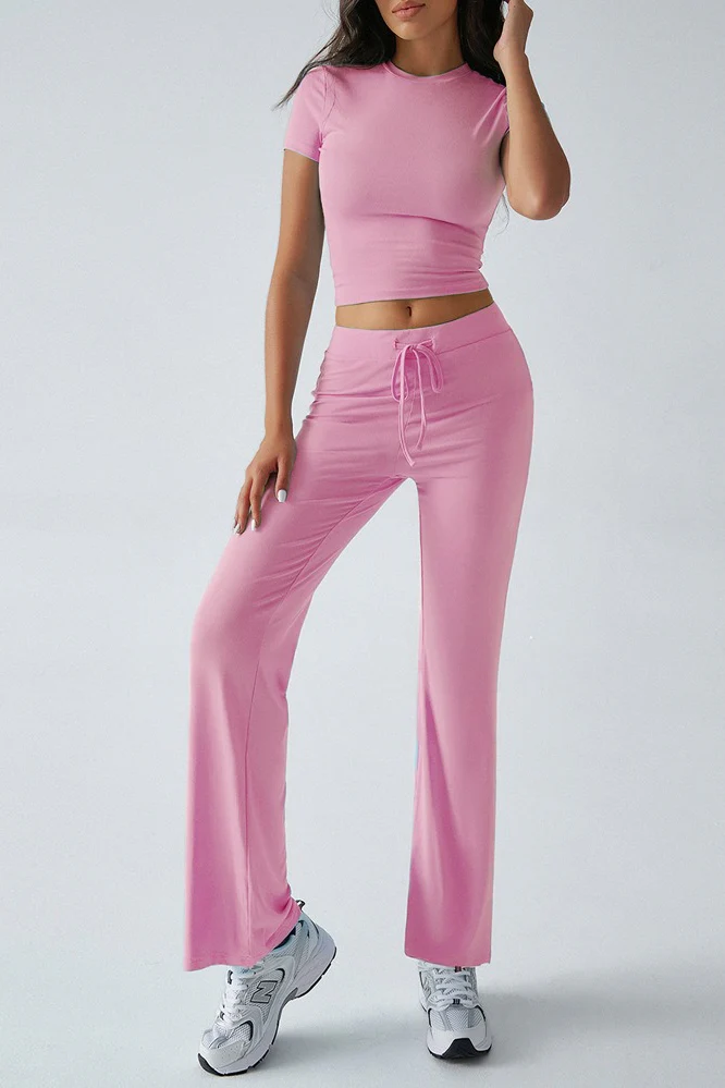 Essential Solid Color Crewneck Top Wide Leg Pants Set - Image 10