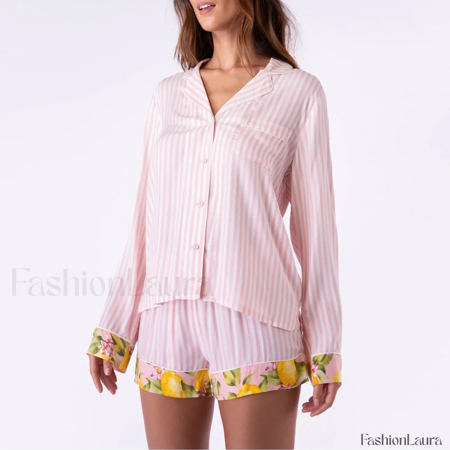 Fall Stripe/Fruit Print Button Shirt Drawstring Shorts Two Piece Set - Image 10