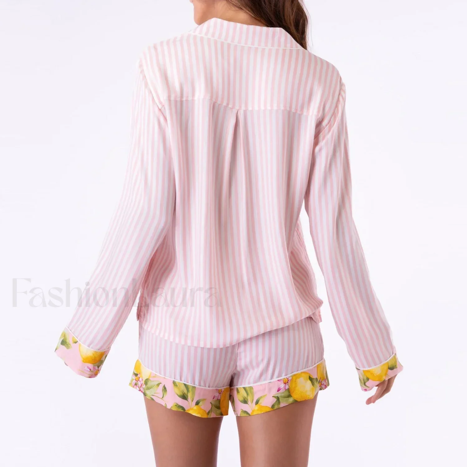 Fall Stripe/Fruit Print Button Shirt Drawstring Shorts Two Piece Set - Image 7