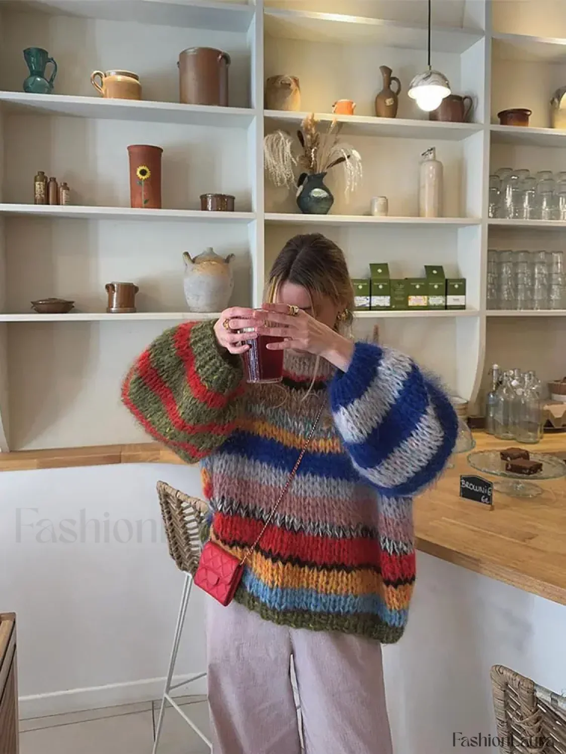 Fashion Contrasting O Neck Hollow Out Knitted Pullover Women Long Sleeve Loose Sweater - Image 15