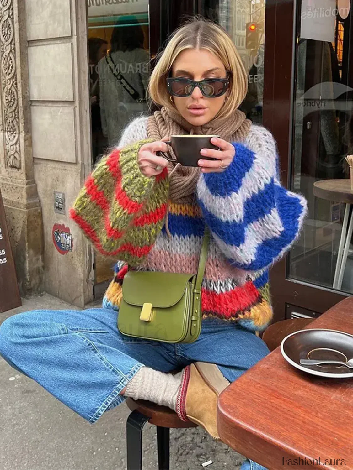 Fashion Contrasting O Neck Hollow Out Knitted Pullover Women Long Sleeve Loose Sweater - Image 18