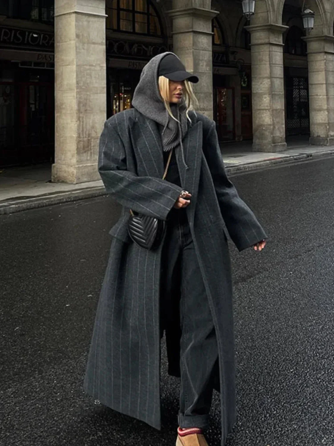 Fashion Dark Grey Stripe Lapel Double Breasted Overcoats