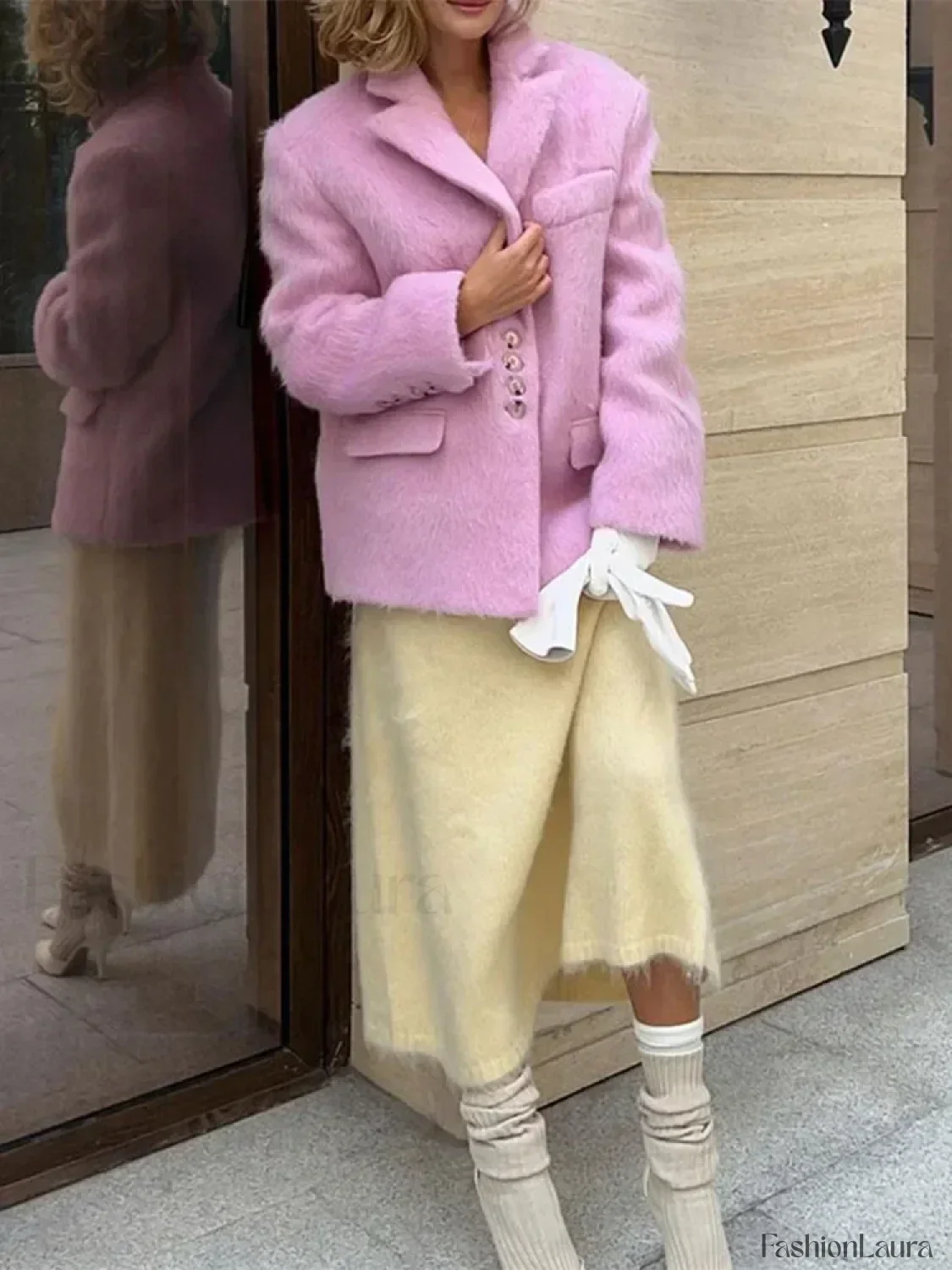 Fashion Pink Lapel Long Sleeves Women Blazer Jacket Loose Overcoats - Image 29