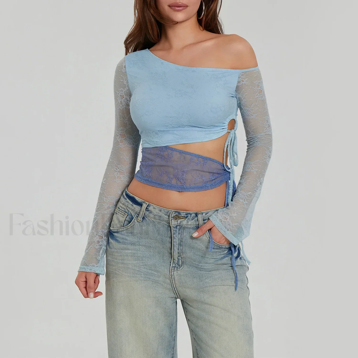 Fashion Sexy Lace Long Sleeve Oblique Neck T-Shirt