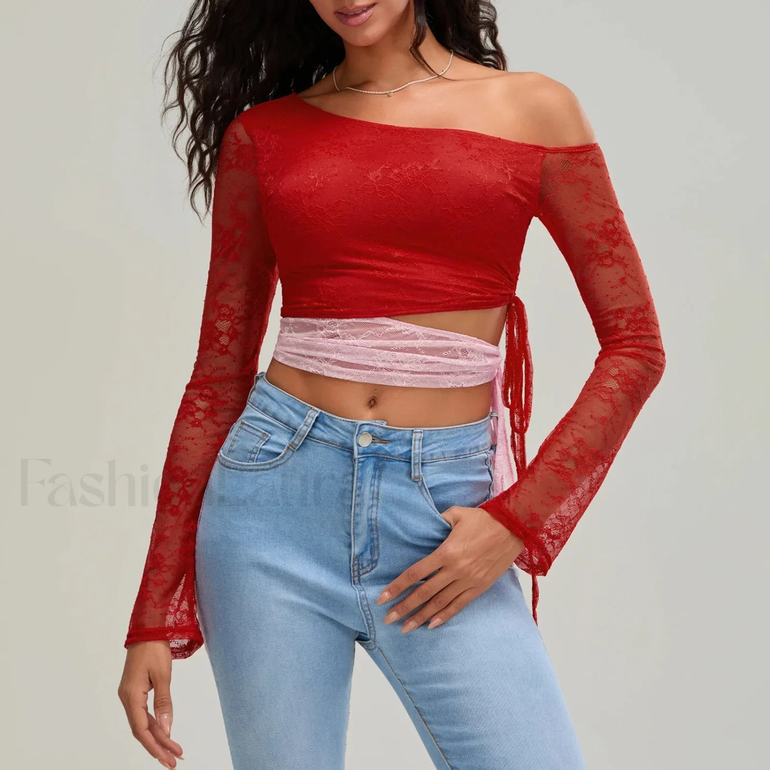Fashion Sexy Lace Long Sleeve Oblique Neck T-Shirt - Image 10