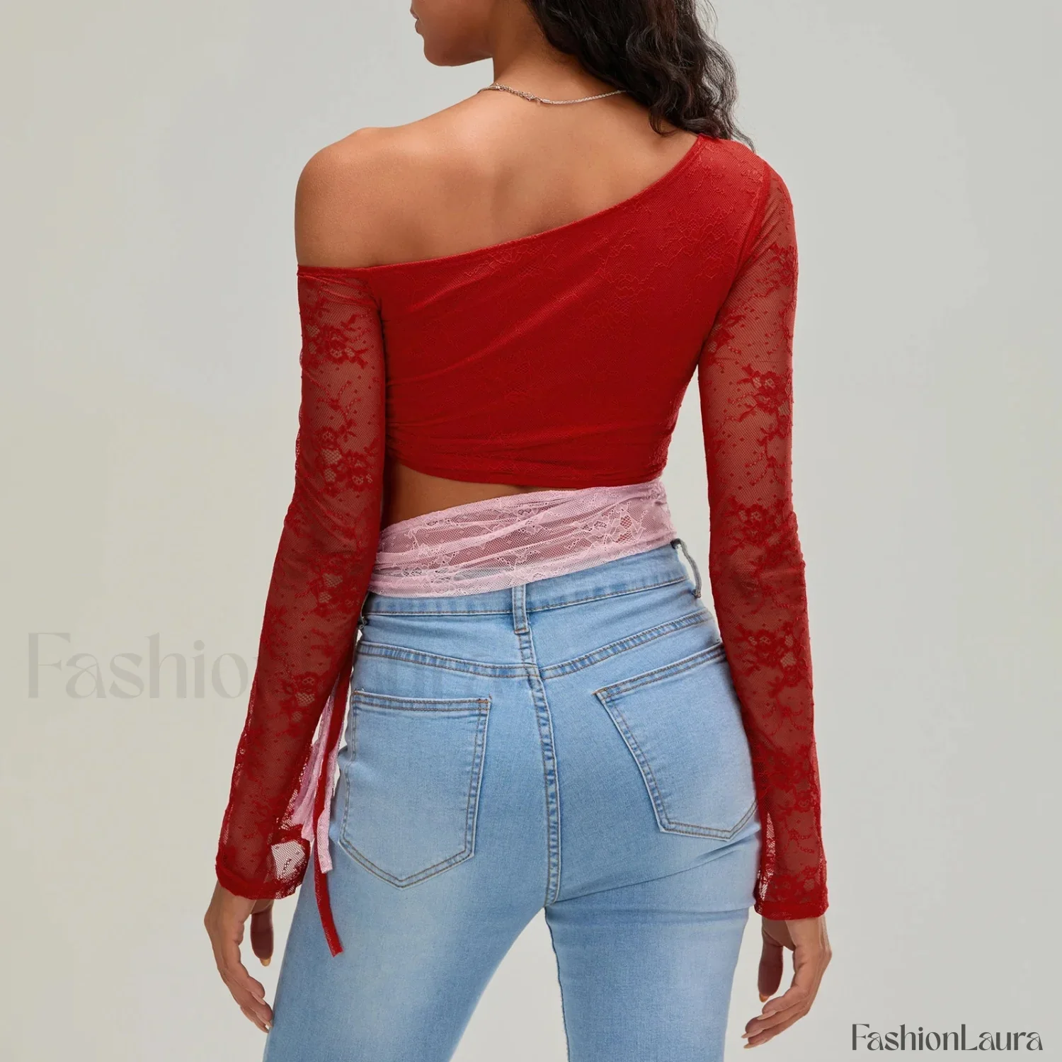 Fashion Sexy Lace Long Sleeve Oblique Neck T-Shirt - Image 16