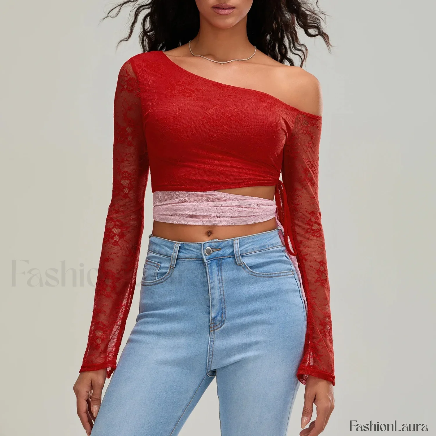 Fashion Sexy Lace Long Sleeve Oblique Neck T-Shirt - Image 18