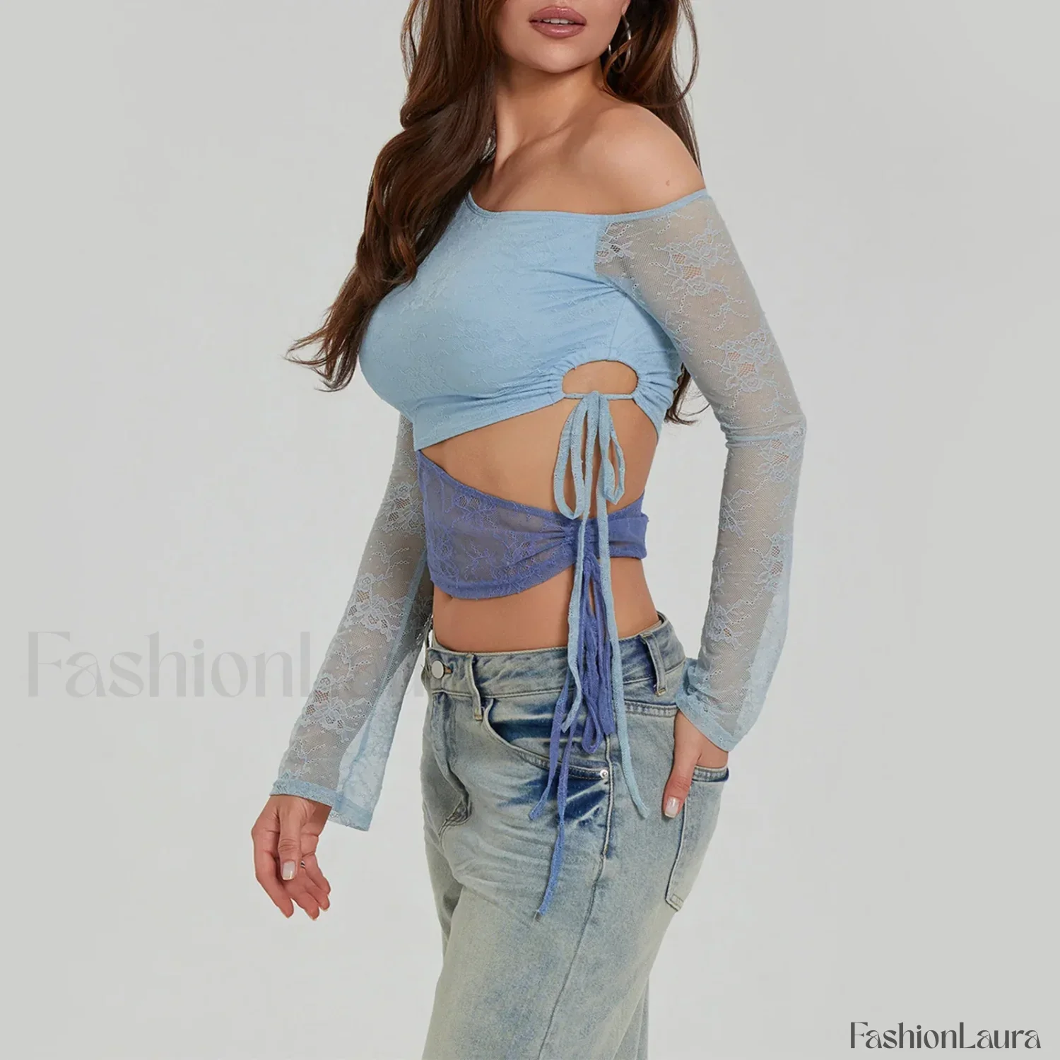 Fashion Sexy Lace Long Sleeve Oblique Neck T-Shirt - Image 20