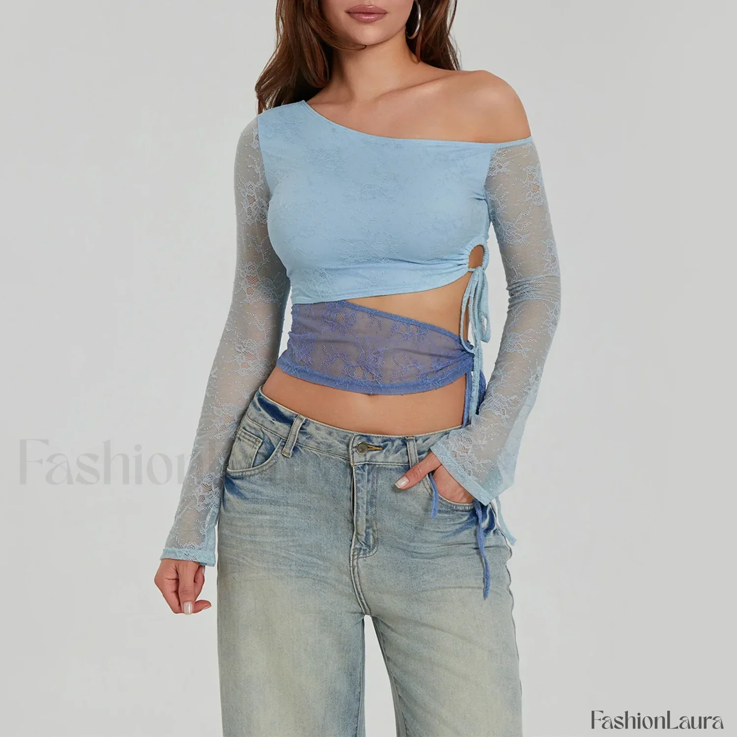 Fashion Sexy Lace Long Sleeve Oblique Neck T-Shirt - Image 21