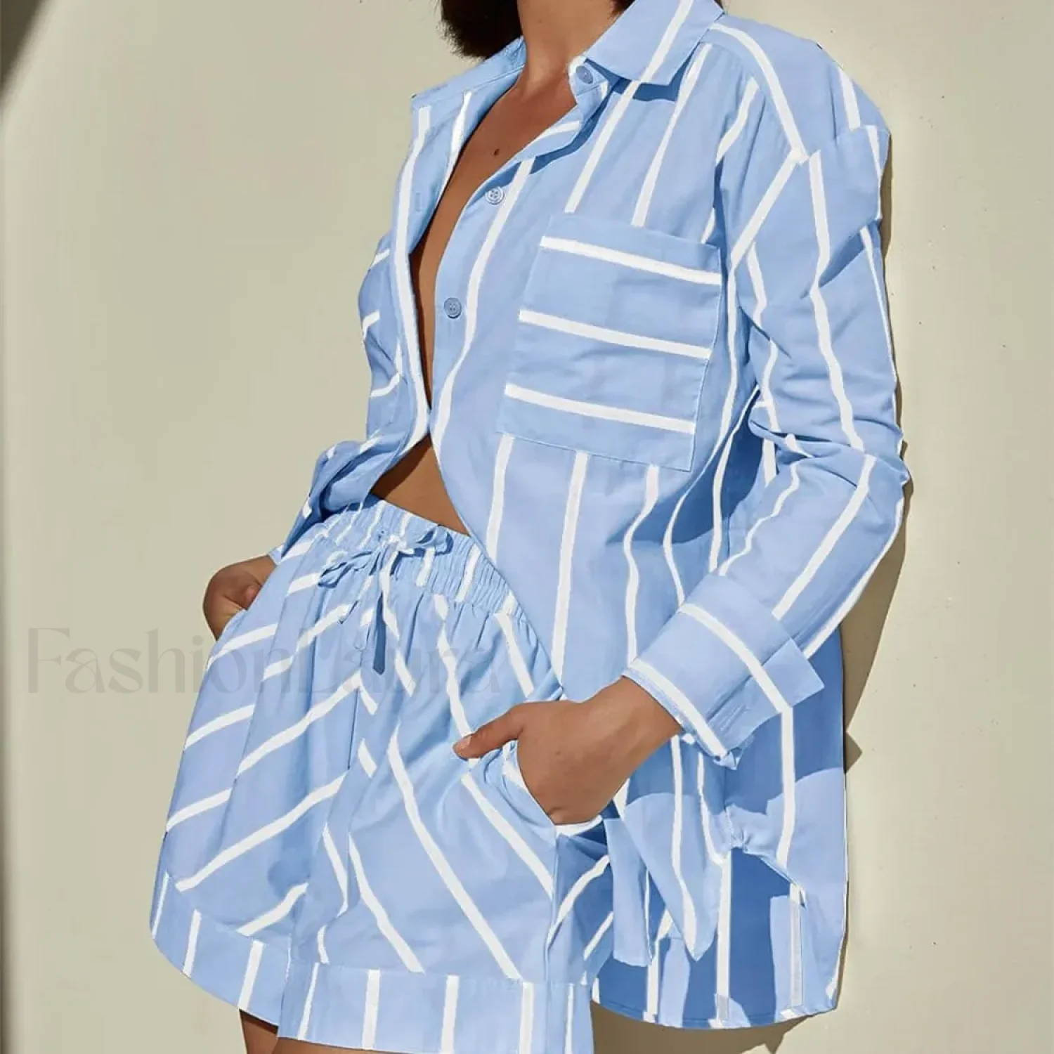 Fashion Striped Buttoned Shirt Shorts Pajamas Two Piece Set - Image 7
