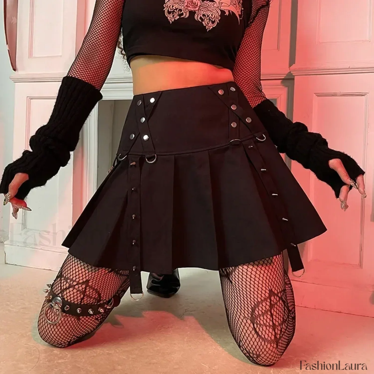 Gothic Harajuku Short Pleated Skirt with Rivet Metal Buckles and Streamer Low Waist Style - Image 11