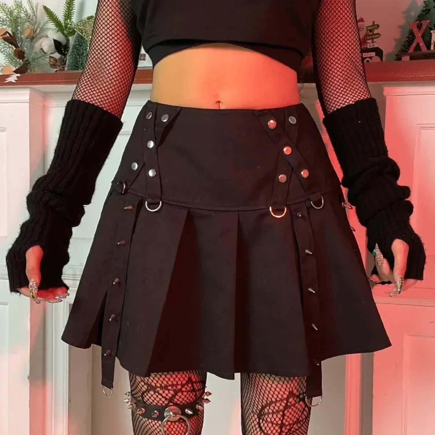 Gothic Harajuku Short Pleated Skirt with Rivet Metal Buckles and Streamer Low Waist Style - Image 6