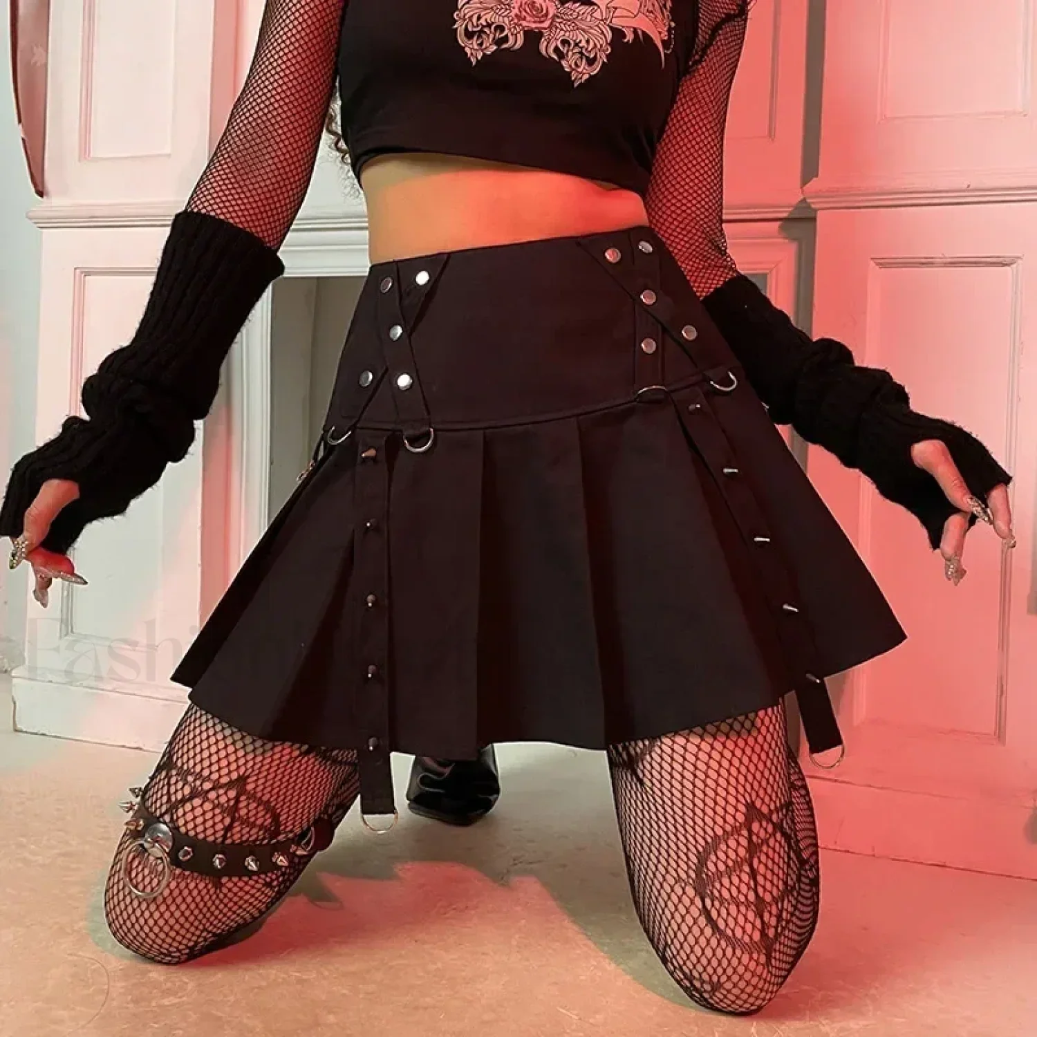 Gothic Harajuku Short Pleated Skirt with Rivet Metal Buckles and Streamer Low Waist Style - Image 9