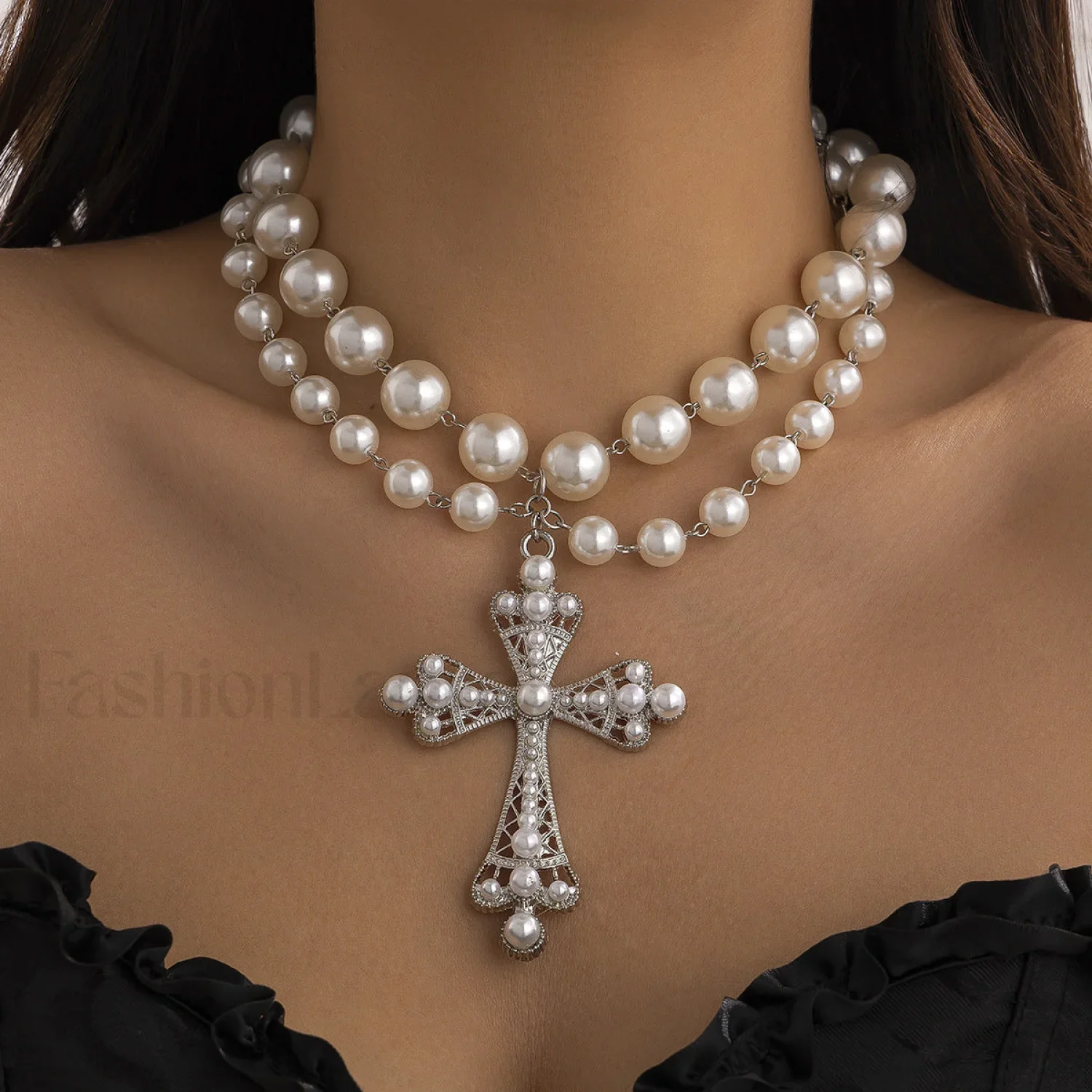 Imitation Pearl Gothic Pendant Cross Necklace - Image 12