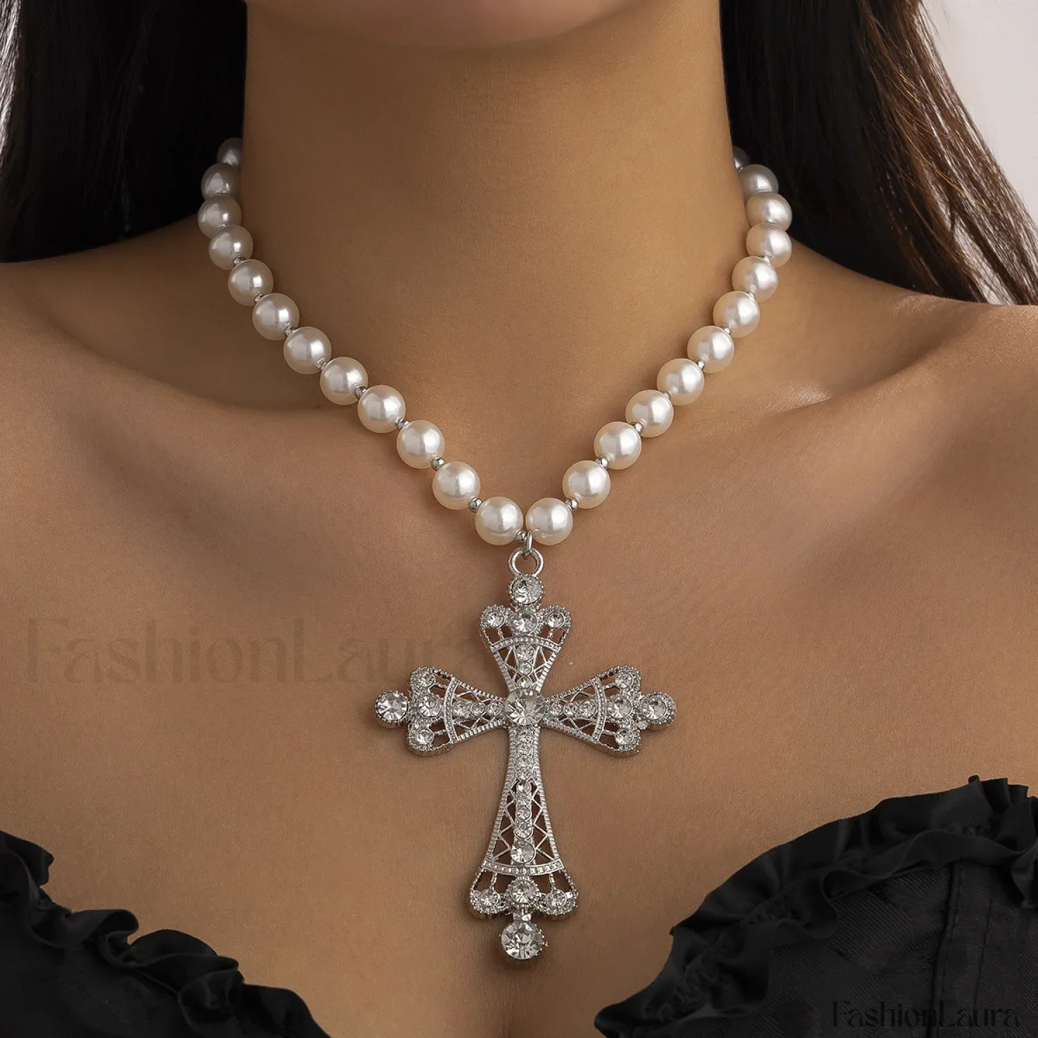 Imitation Pearl Gothic Pendant Cross Necklace - Image 13