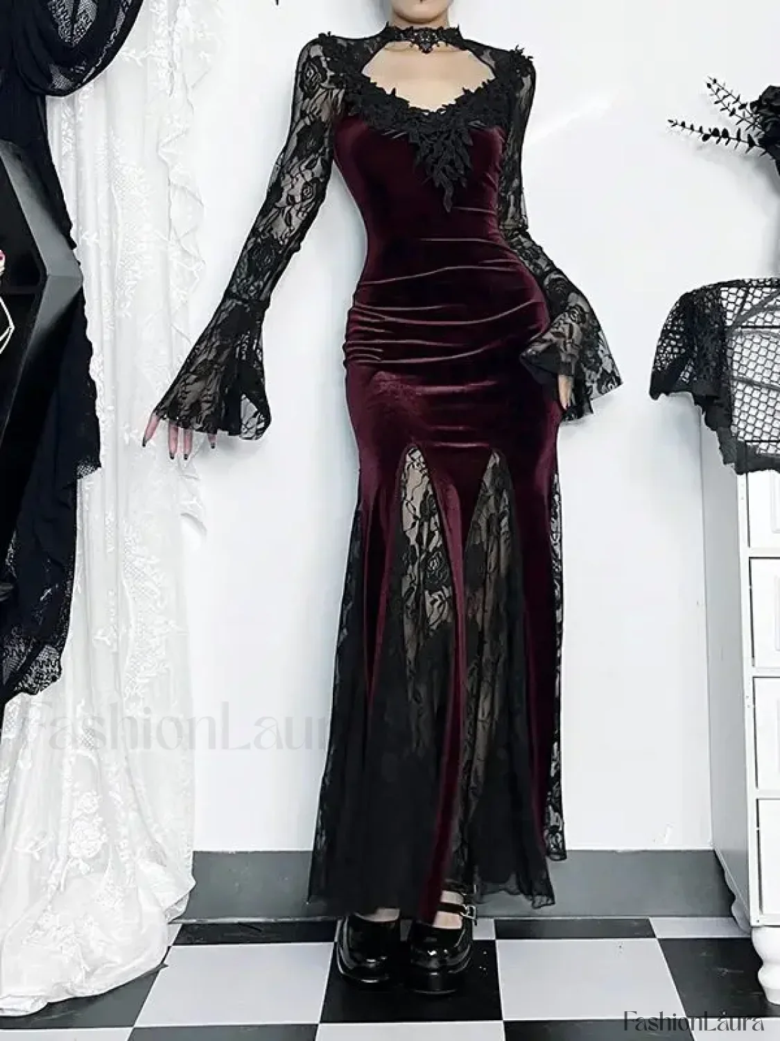 Gothic Mermaid Bodycon Long Maxi Fishtail Sleeve Lace Cocktail Ruched Dress - Image 15