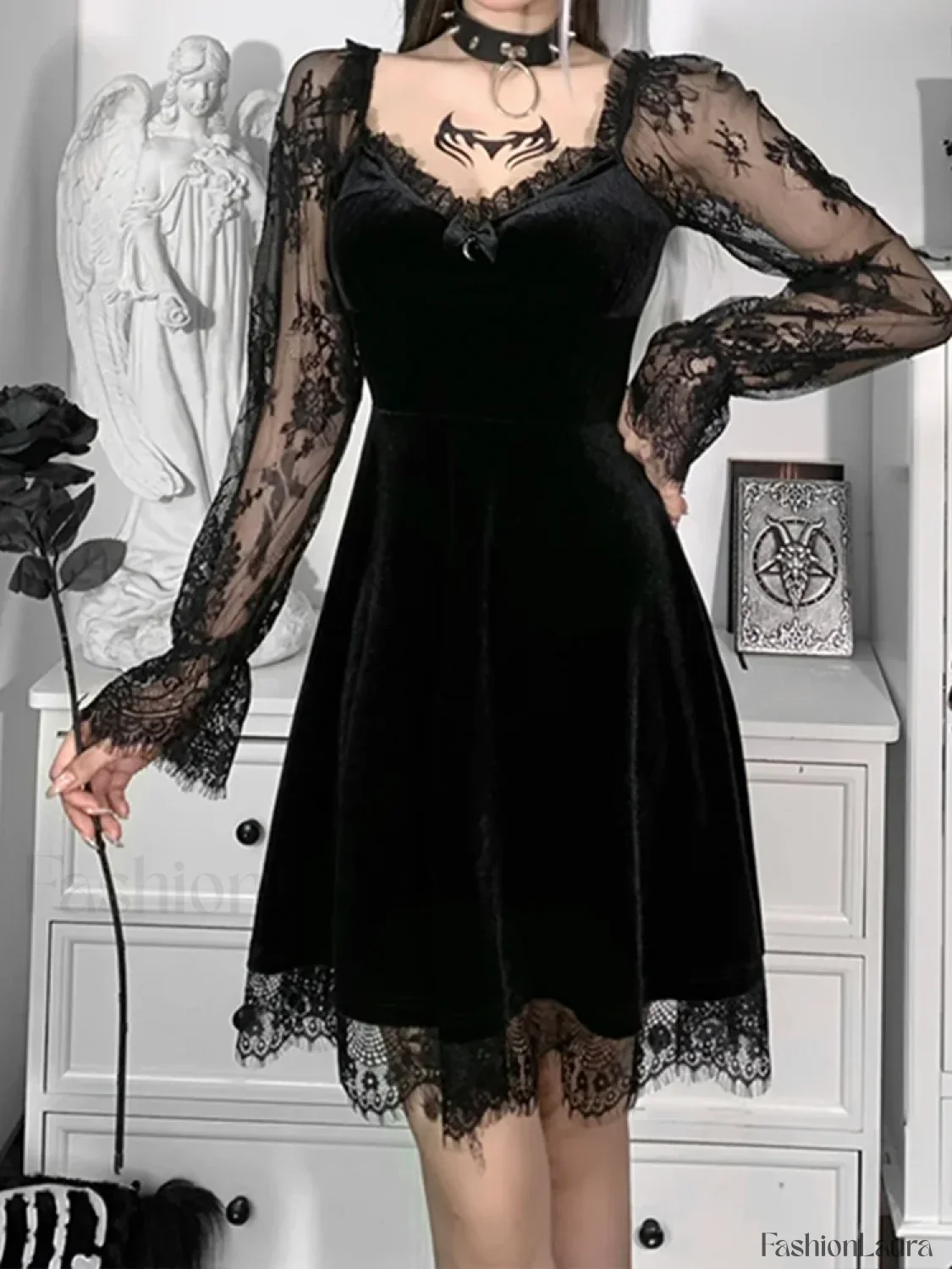 Moon Sexy Black Grunge Dark Neck Aesthetic Vintage Mini Long Sleeve Autumn Dress - Image 14