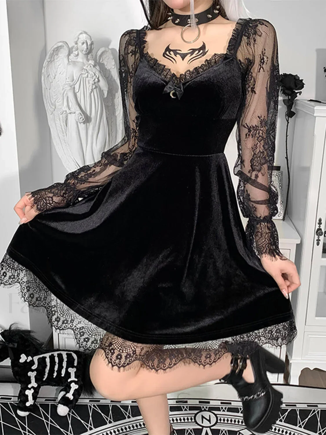 Moon Sexy Black Grunge Dark Neck Aesthetic Vintage Mini Long Sleeve Autumn Dress - Image 2