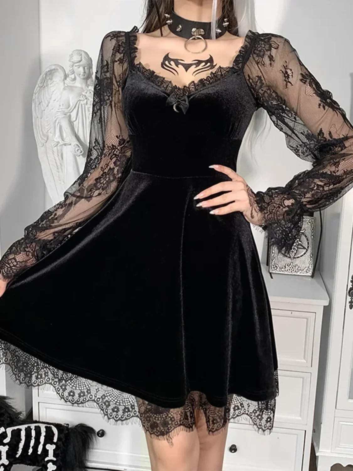 Moon Sexy Black Grunge Dark Neck Aesthetic Vintage Mini Long Sleeve Autumn Dress - Image 3