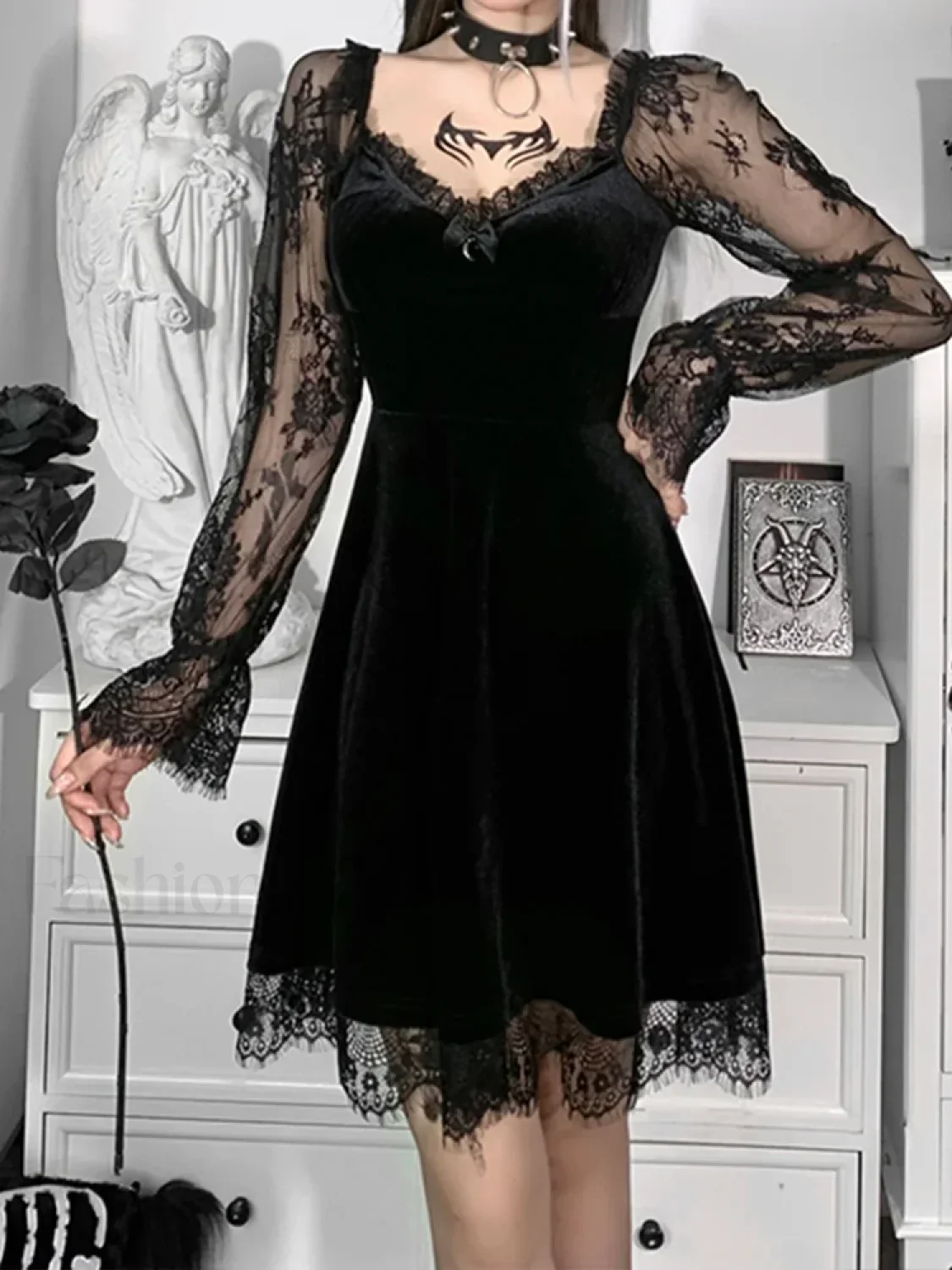 Moon Sexy Black Grunge Dark Neck Aesthetic Vintage Mini Long Sleeve Autumn Dress - Image 5
