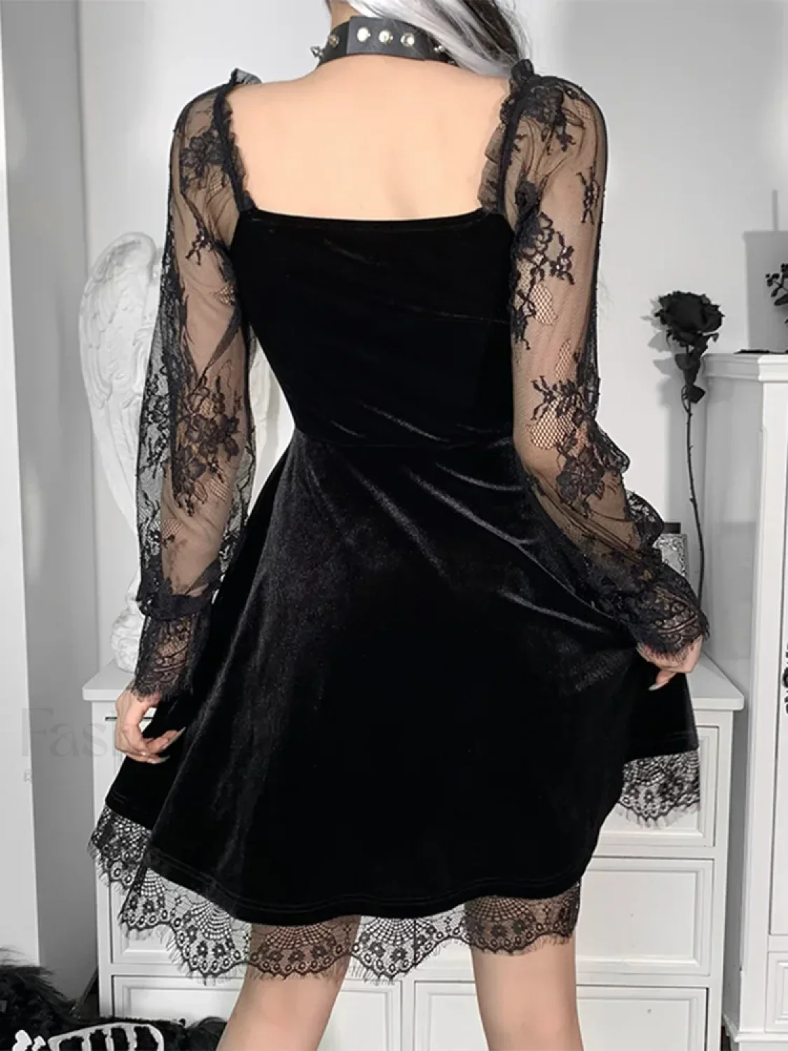 Moon Sexy Black Grunge Dark Neck Aesthetic Vintage Mini Long Sleeve Autumn Dress - Image 7