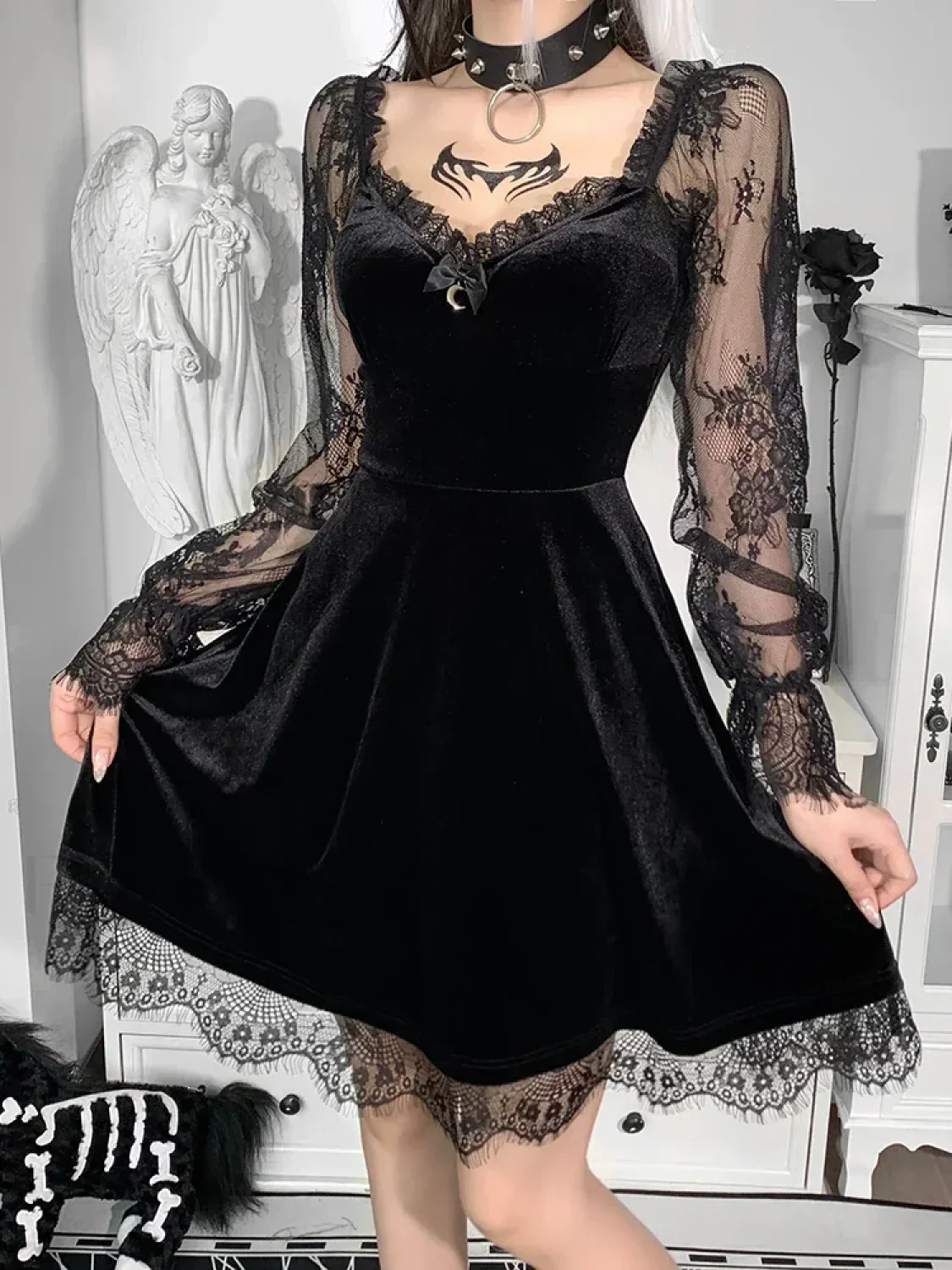 Moon Sexy Black Grunge Dark Neck Aesthetic Vintage Mini Long Sleeve Autumn Dress - Image 9