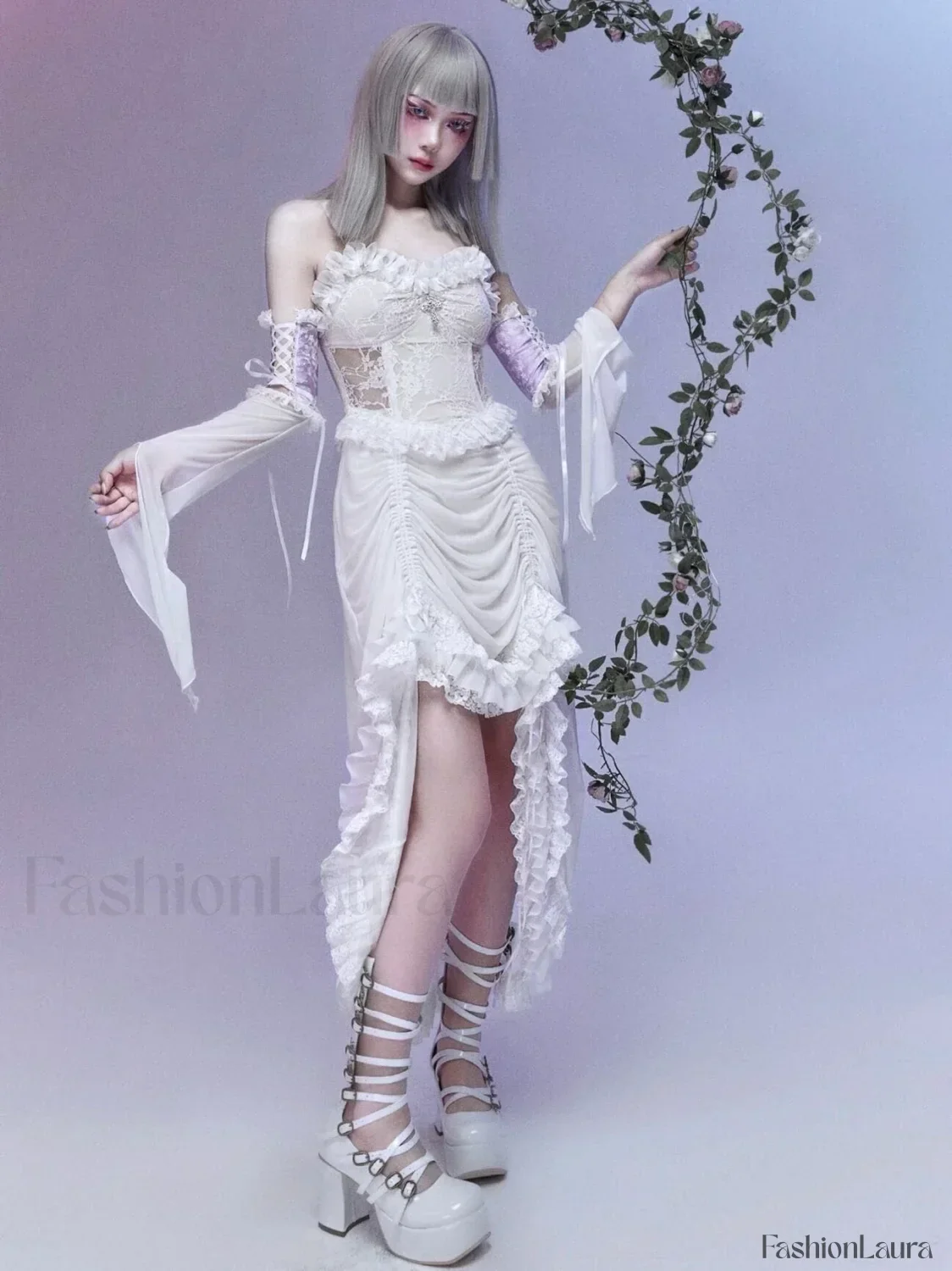 White Gothic Rope Lace Flying Sleeve Party Dress - Image 11