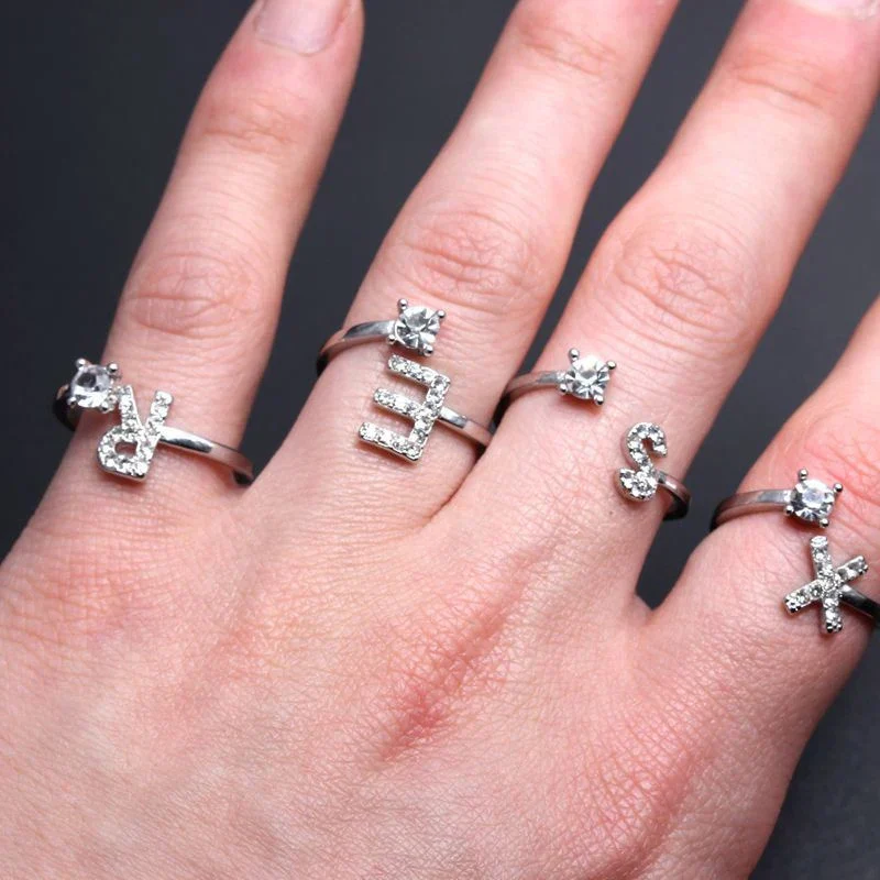 Shining Rhinestone New Fashion Initial Alphabet Opening Charm Jewelry Ring - Image 92