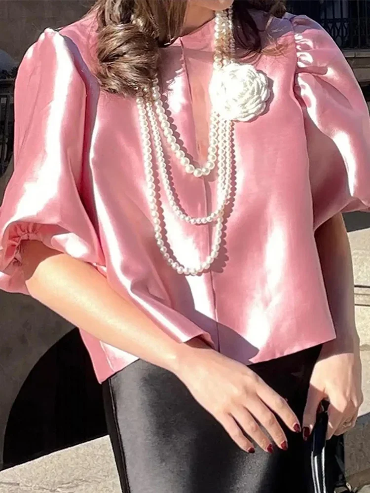 Elegant White Satin Short O-neck Female Lady Blouse - Image 8