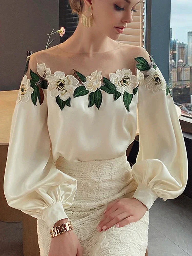 Summer Long Mesh Satin Embroidered Blouse - Image 13