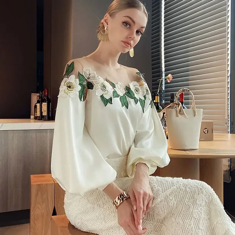 Summer Long Mesh Satin Embroidered Blouse - Image 15