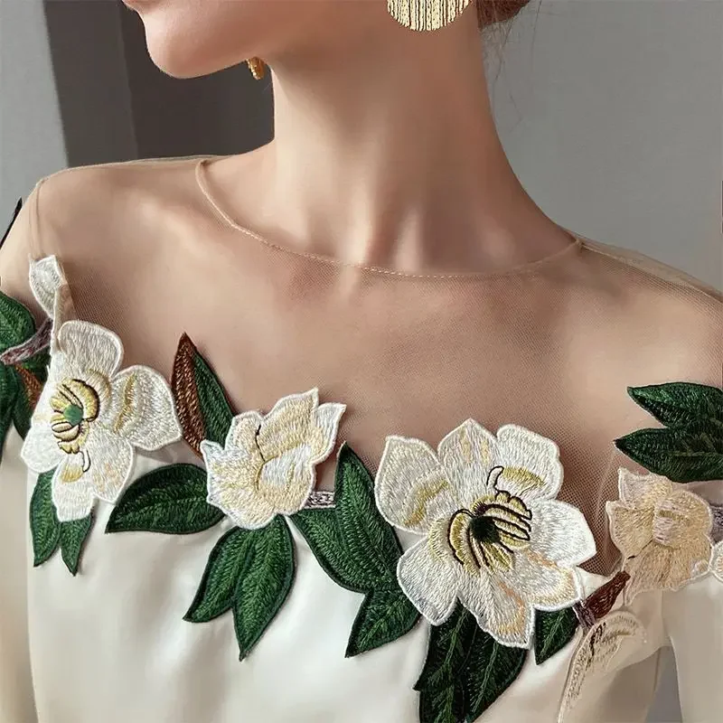 Summer Long Mesh Satin Embroidered Blouse - Image 17