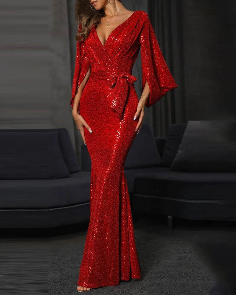 Women 2024 new Mermaid Trumpet Red Sexy Sequin Evening With Long Sleeves Custom made holiday long Prom Dress - Image 6
