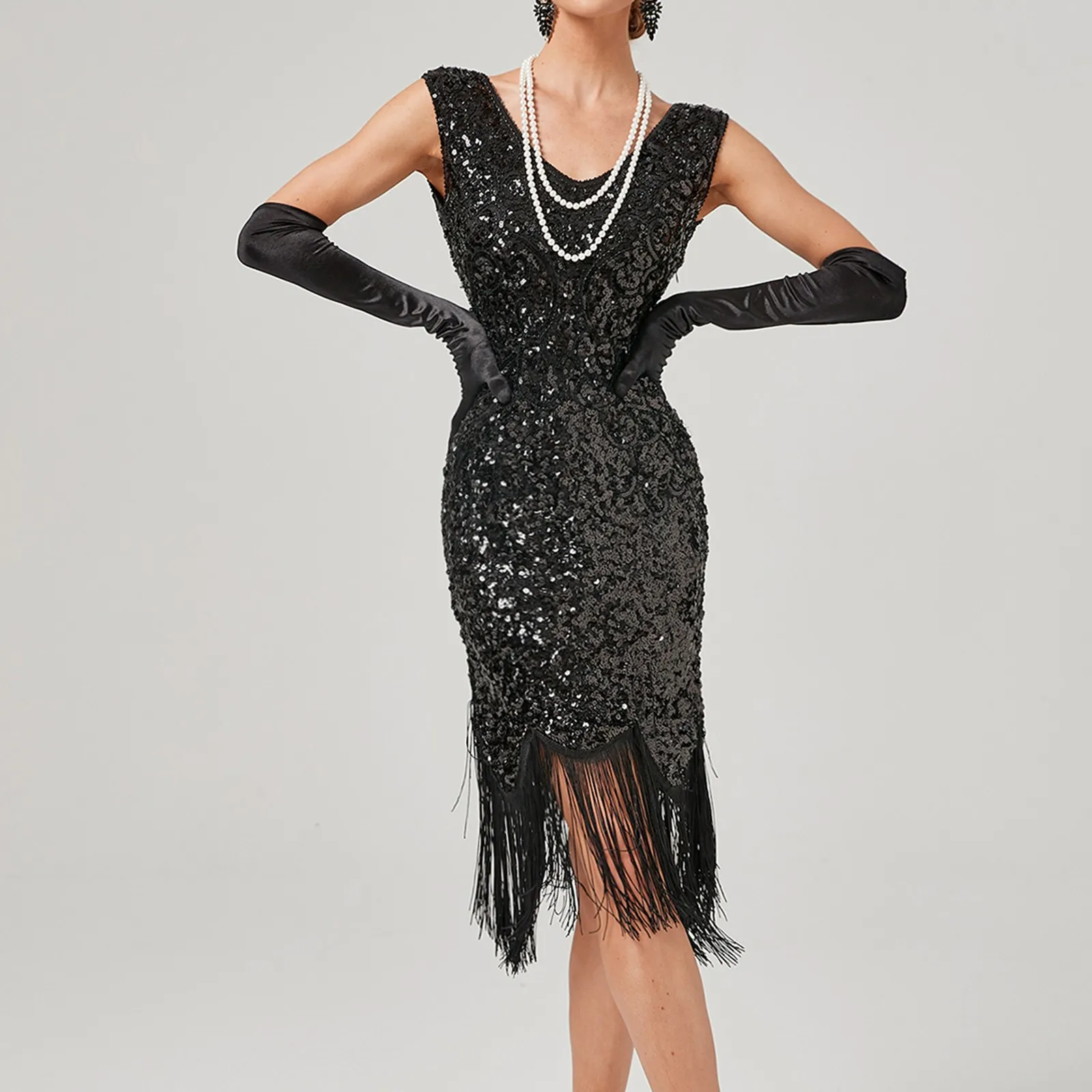 1920s Vintage Flapper Great Gatsby Party V-Neck Sleeveless Sequin Beaded Tassel Sun Vestidos Prom Dress - Image 5