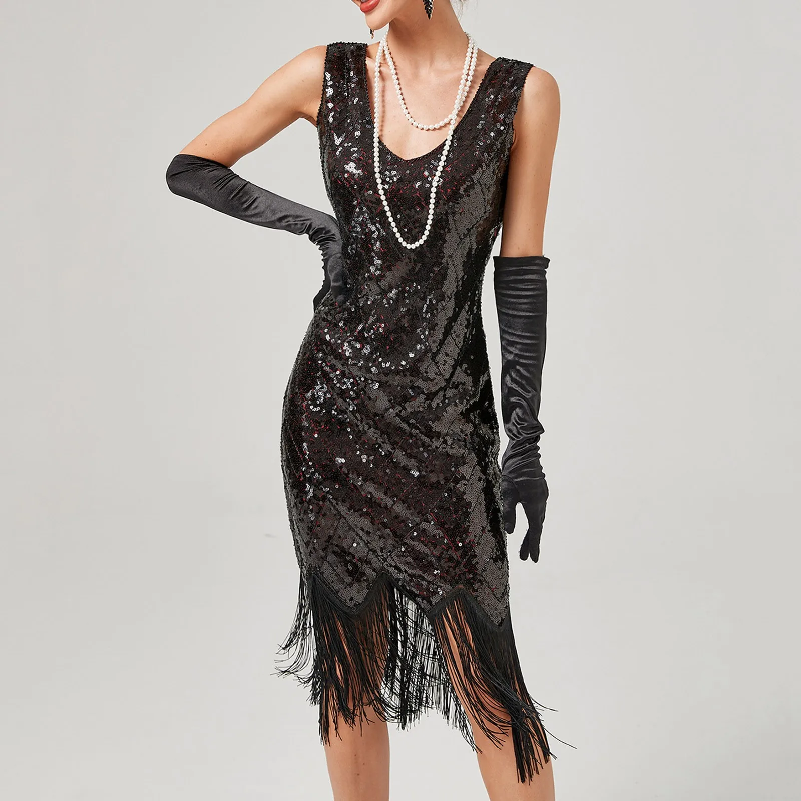 1920s Vintage Flapper Great Gatsby Party V-Neck Sleeveless Sequin Beaded Tassel Sun Vestidos Prom Dress - Image 8