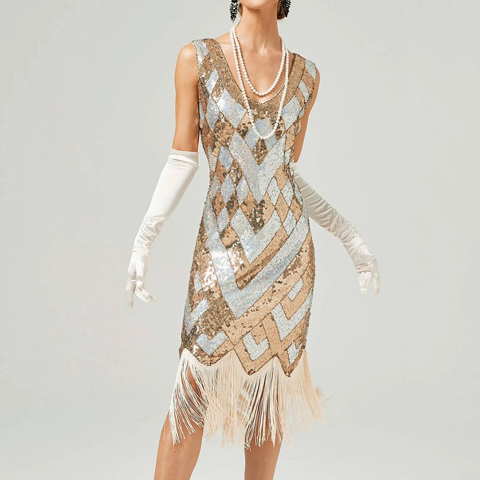 1920s Vintage Flapper Great Gatsby Party V-Neck Sleeveless Sequin Beaded Tassel Sun Vestidos Prom Dress - Image 9