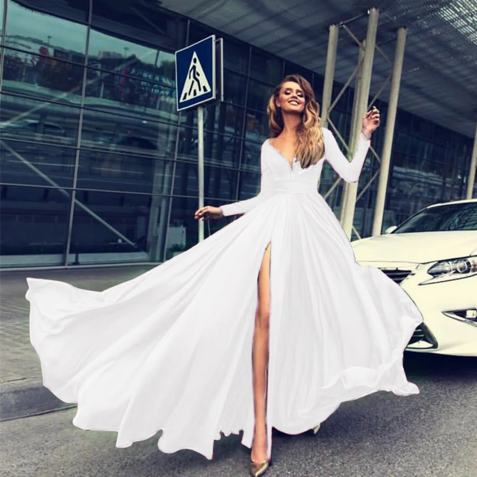 Cocktail For Women 2024 Classy Solid Color Long Sleeve V Neck Maxi Red Vintage Formal A-Line Prom Dress - Image 11