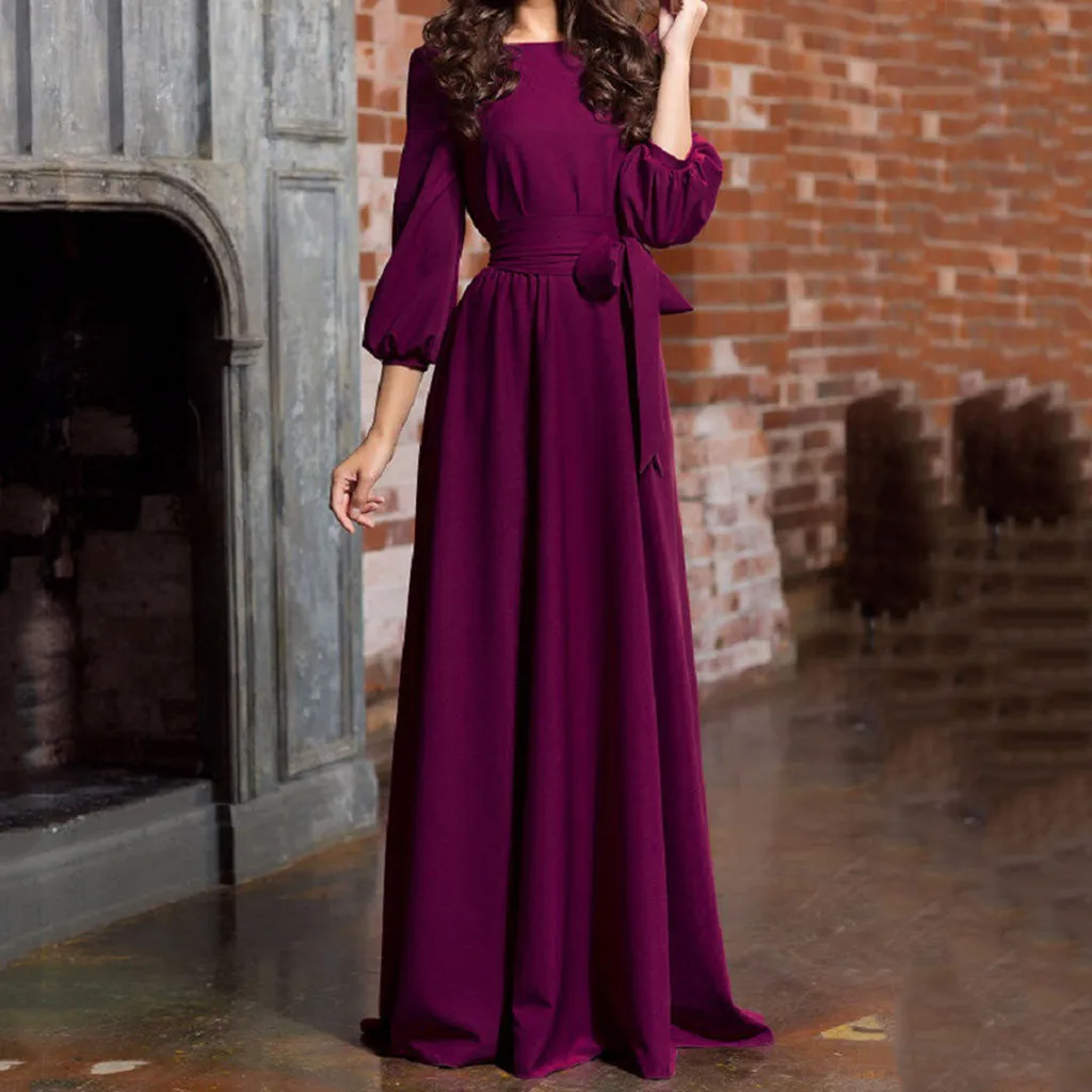 For Women 2024 Long Sleeve Crew Neck Solid Color Lantern Sleeve With Belt Formal Elegant Prom Dress - Image 12