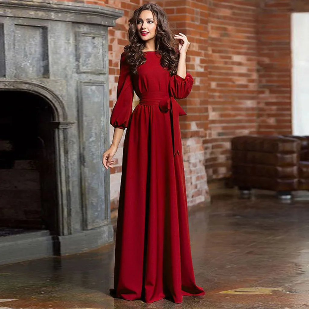 For Women 2024 Long Sleeve Crew Neck Solid Color Lantern Sleeve With Belt Formal Elegant Prom Dress - Image 14