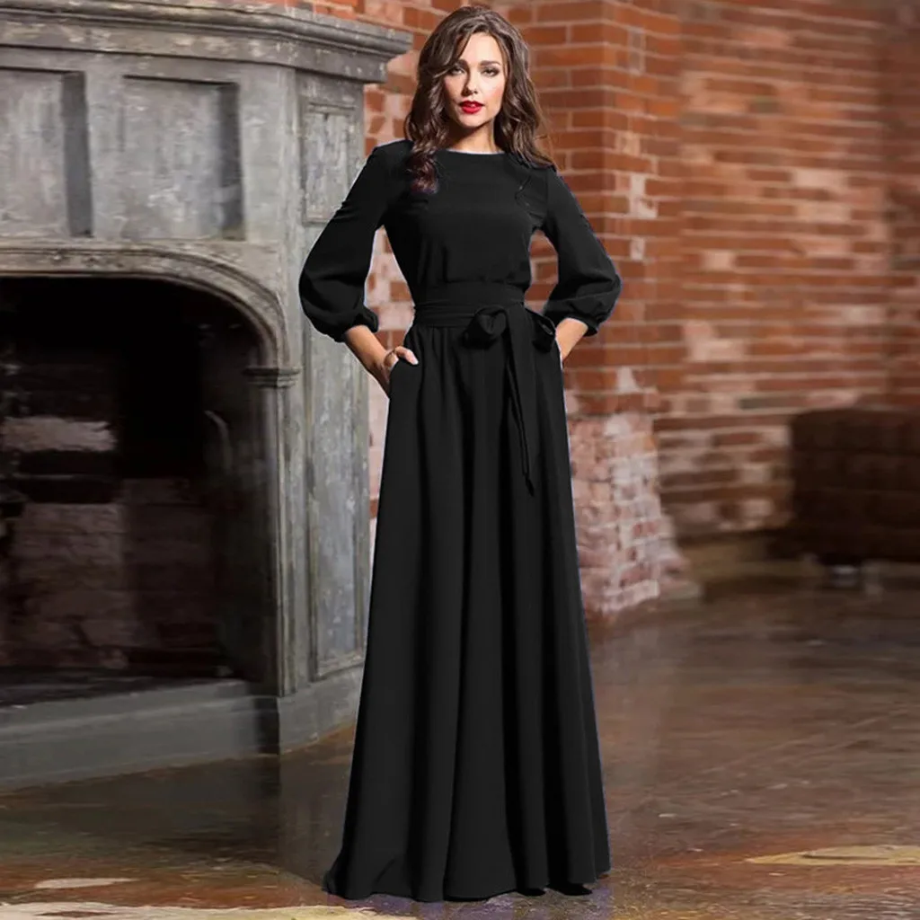 For Women 2024 Long Sleeve Crew Neck Solid Color Lantern Sleeve With Belt Formal Elegant Prom Dress - Image 16