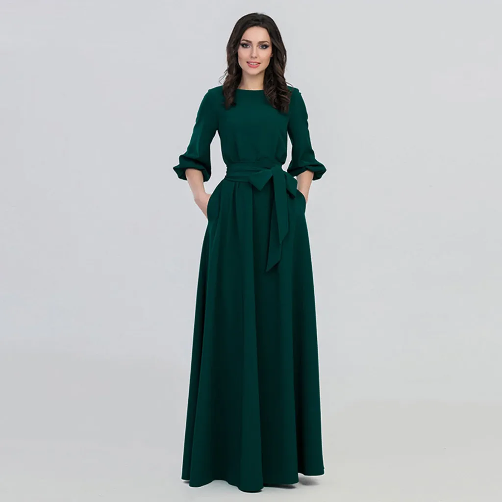 For Women 2024 Long Sleeve Crew Neck Solid Color Lantern Sleeve With Belt Formal Elegant Prom Dress - Image 17
