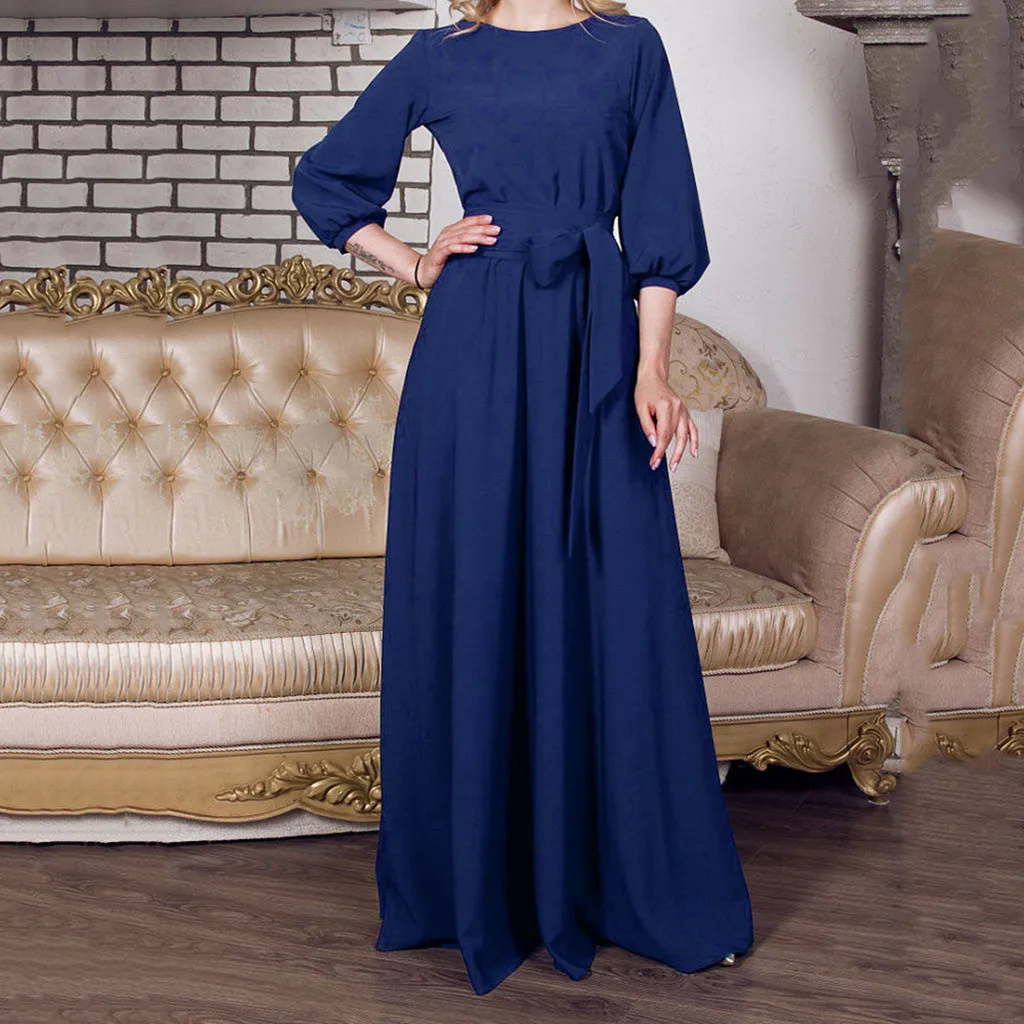 For Women 2024 Long Sleeve Crew Neck Solid Color Lantern Sleeve With Belt Formal Elegant Prom Dress - Image 18